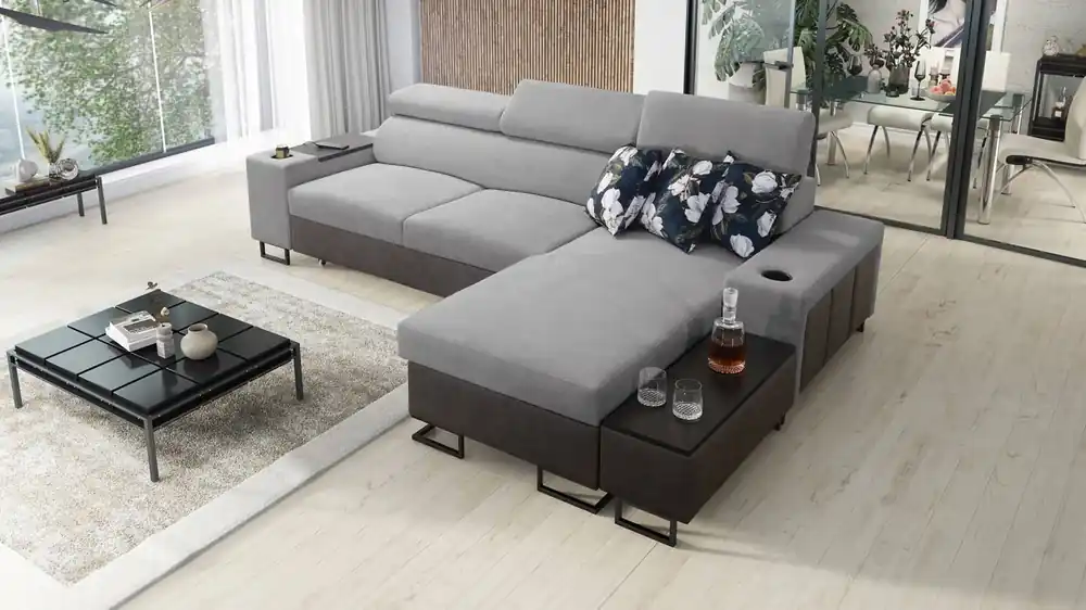 Ecksofa mit Schlaffunktion Flavio hellgrau / graphit rechts elegantes Ecksofa mit einer seitlich zu öffnenden Verlängerungsstange des Möbels Bestpreis