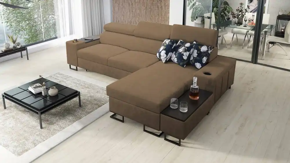 Neue Kollektion Ecksofa mit Schlaffunktion Flavio hellbraun rechts bequemes elegantes Ecksofa mit einer seitlich zu öffnenden Verlängerungsstange des Möbels