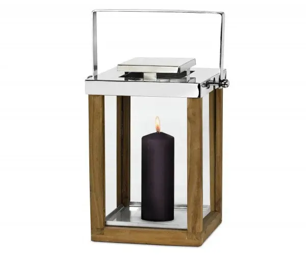 Edzard Miami Windlicht Laterne mit klappbarem Griff, Holz & Edelstahl glänzend Höhe 36 cm Heißes Angebot
