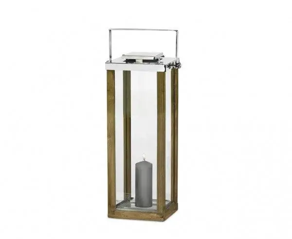 Edzard Miami Windlicht Laterne mit klappbarem Griff, Holz & Edelstahl glänzend Höhe 60 cm Aktuell