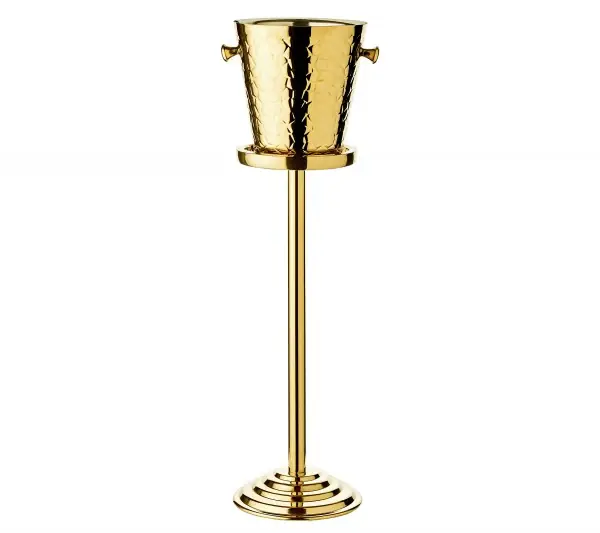 Edzard Capri Sektkühler mit Ständer, Edelstahl hochglanzpoliert goldfarben, außen gemustert, Höhe 85 cm Echt