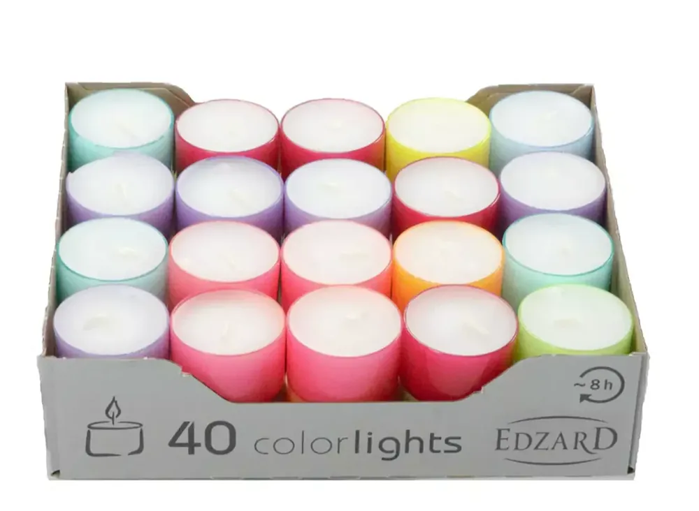 Zertifiziert Edzard 40 Stück Colorlights Summer Teelichter, weiß, bunte Kunststoffhülle, Brenndauer ca. 8 h