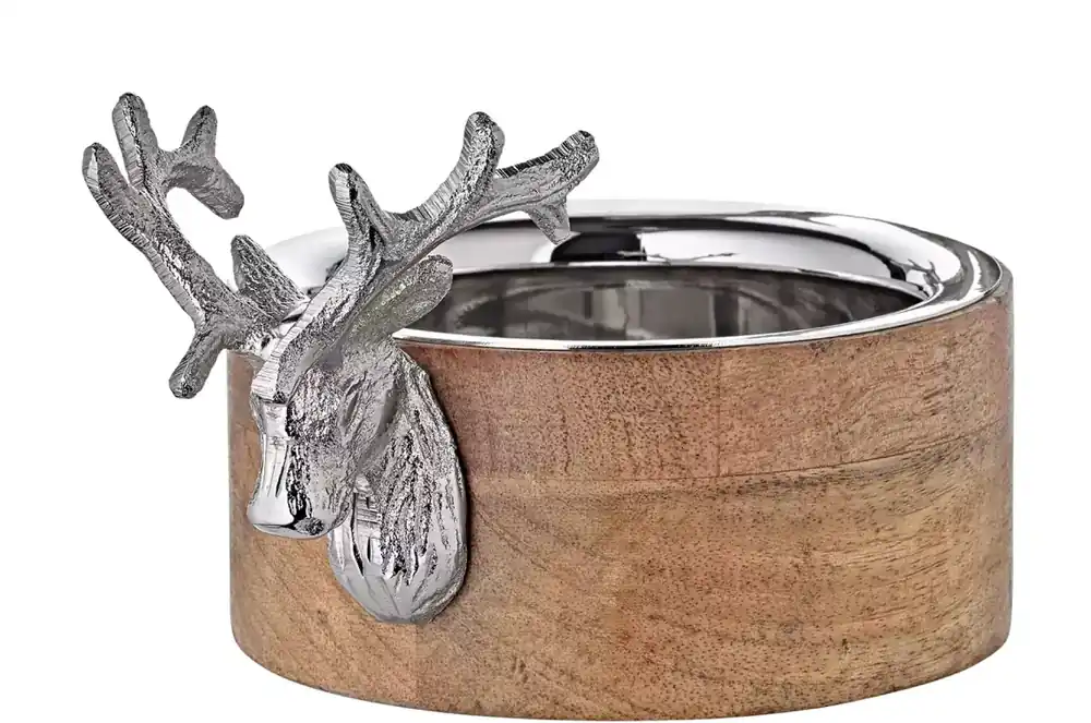 Edzard Schale, Flaschenuntersetzer Hirsch (Ø13 cm), Mangoholz, Aluminium vernickelt Sonderangebot