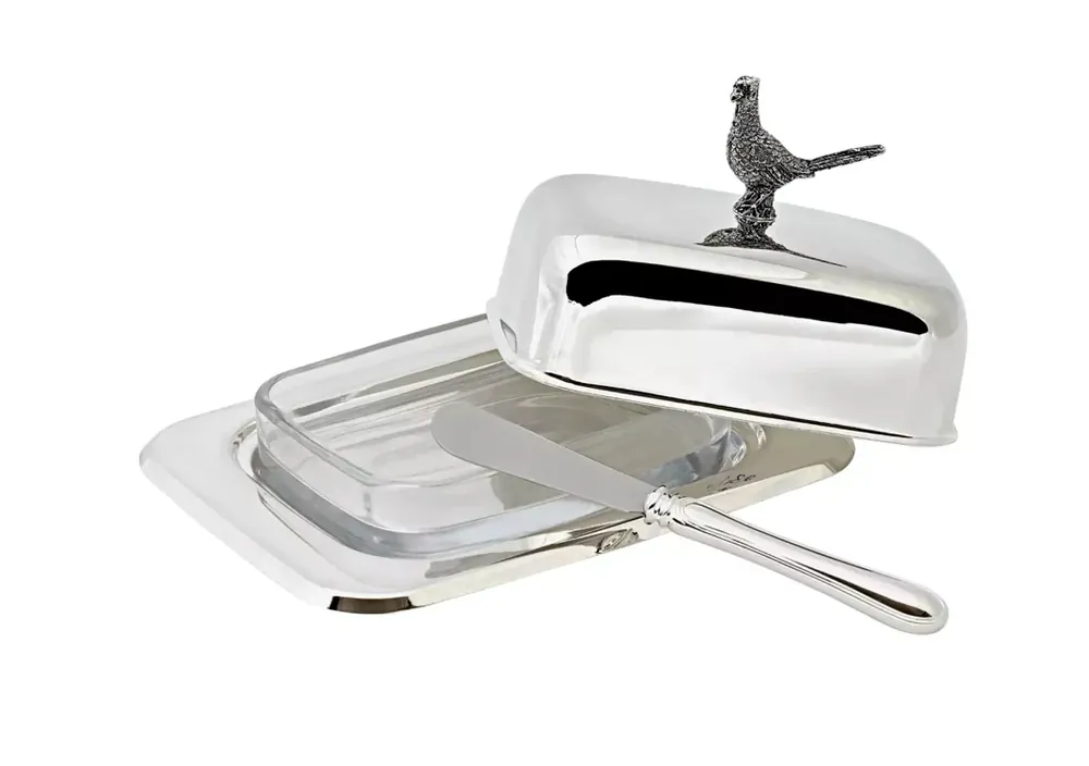 Edzard Butterdose Fasan (250 g Butter), Fasan-Figur, edel versilbert, mit Glasschale und Buttermesser Sonderaktion