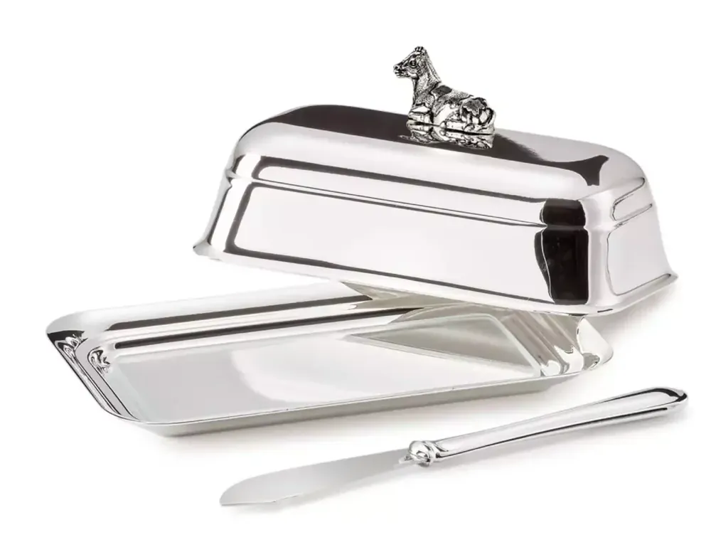 Edzard Butterdose Kuh (180 g Butter), Kuh-Figur, edel versilbert, mit Glasschale & Buttermesser Markenware