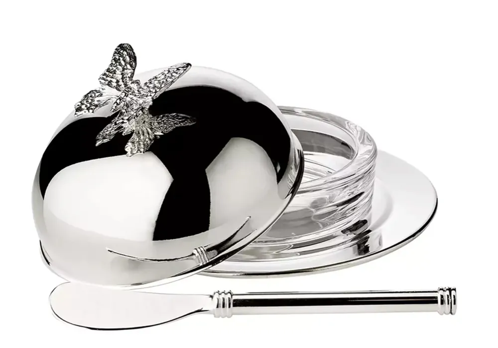 Aktuell Edzard Butterglocke Butterfly (130 g Butter), Schmetterling-Figur, edel versilbert, mit Glasschale & Messer
