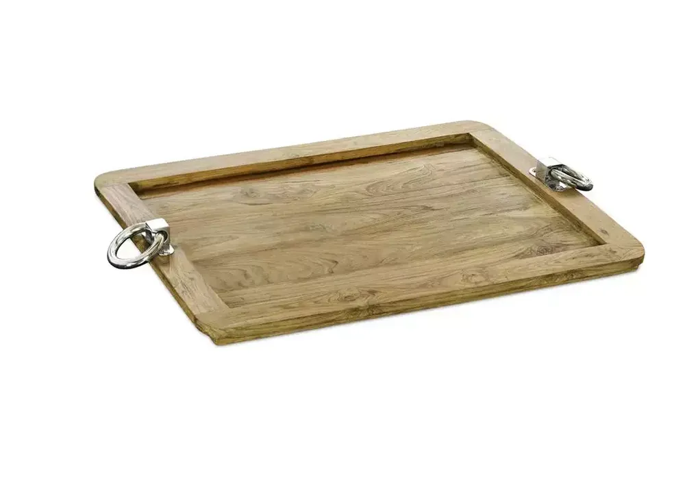 Solange Der Vorrat Reicht Edzard Tablett Osgard (61x44 cm) Teakholz, Edelstahlgriffe, rechteckig, Holztablett, Serviertablett