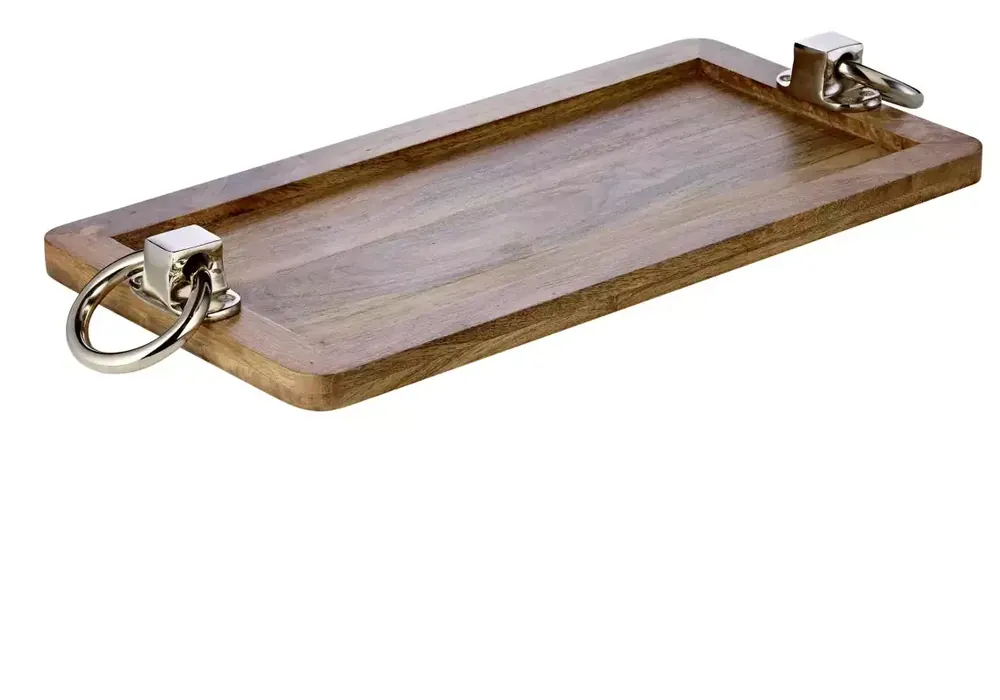 Edzard Holztablett Bobby (60x20 cm), vernickelte Aluminiumgriffe, rechteckig, hartes Mangoholz Geprüft